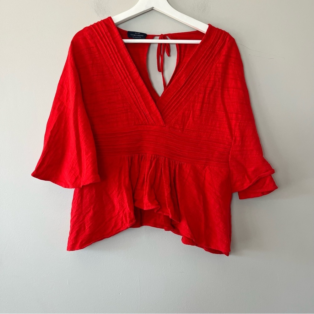 Lucky Brand Red Cropped Flare‎ Sleeve Top Large